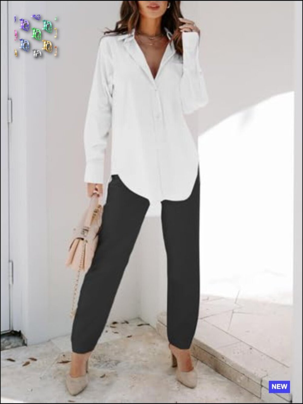 Classic Button Down Shirt Long Sleeve V Neck Blouse with Pockets Casual Elegant - Picture 4 of 4